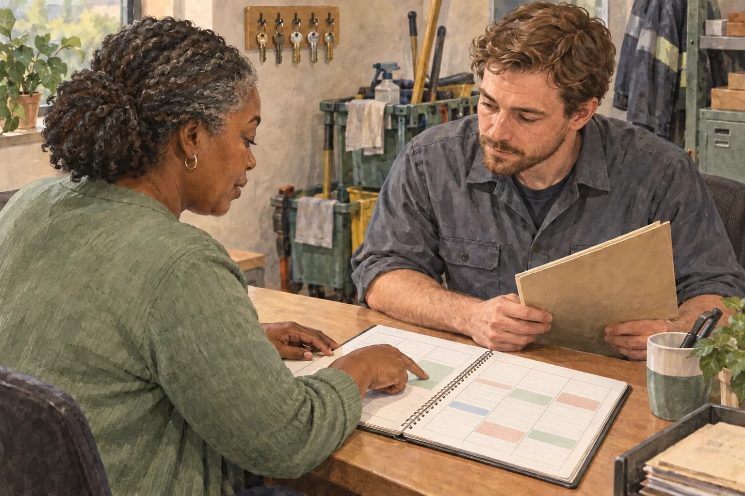 A training lead points to a weekly planner while an operations manager holds a job folder in a building-maintenance office, with both documents facing their users.