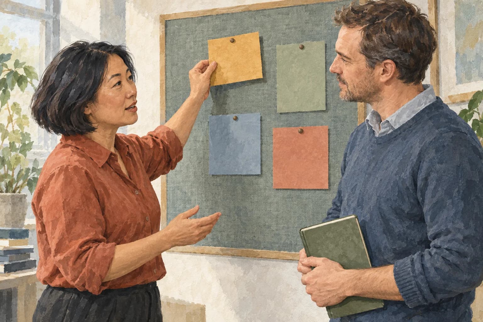 Two colleagues discuss priorities beside a pinboard, with one holding a task card and the other listening with a notebook.