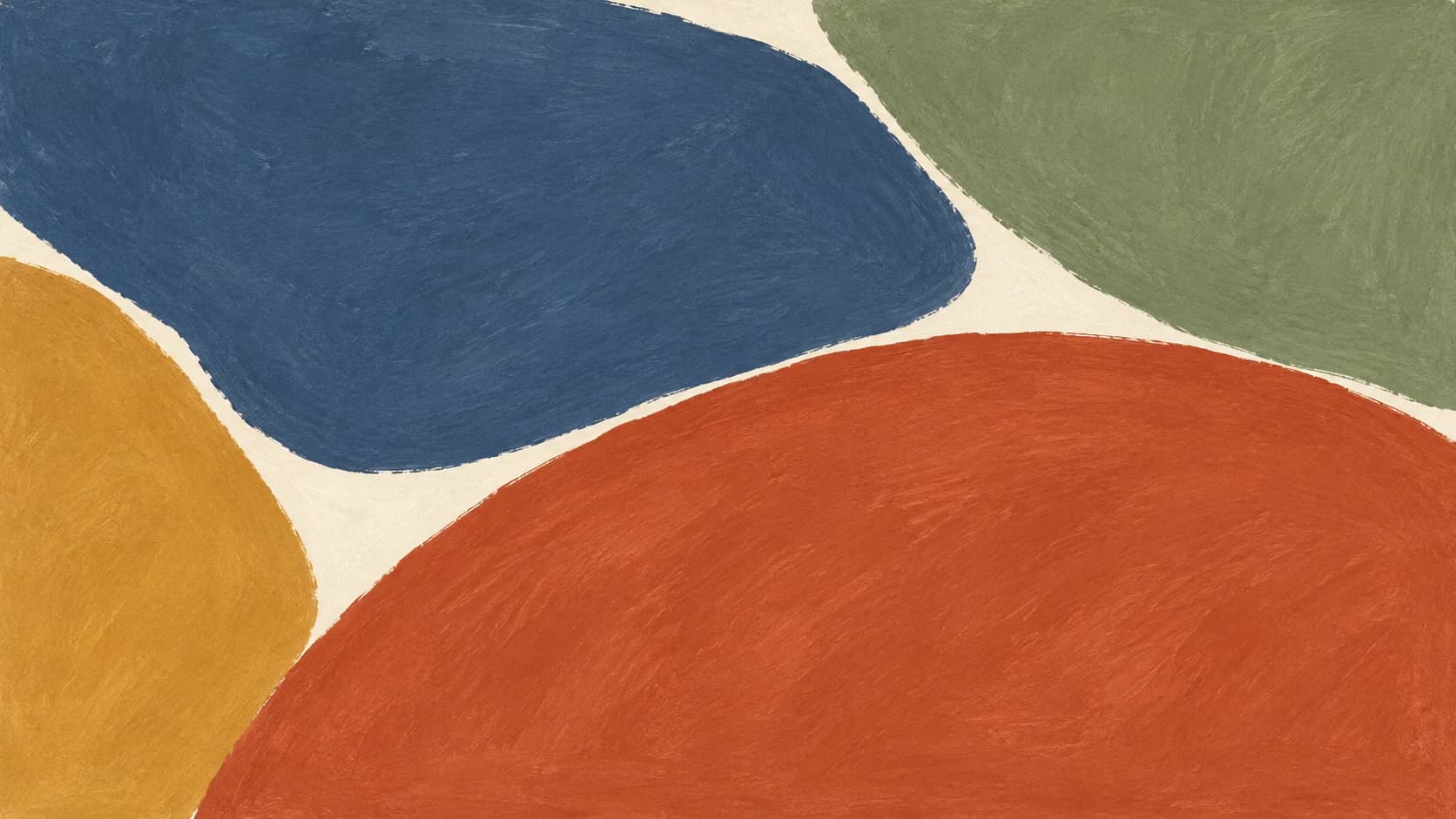 Broad slate, terracotta, sage and ochre gouache fields hold an uneven balance across opaque warm paper.
