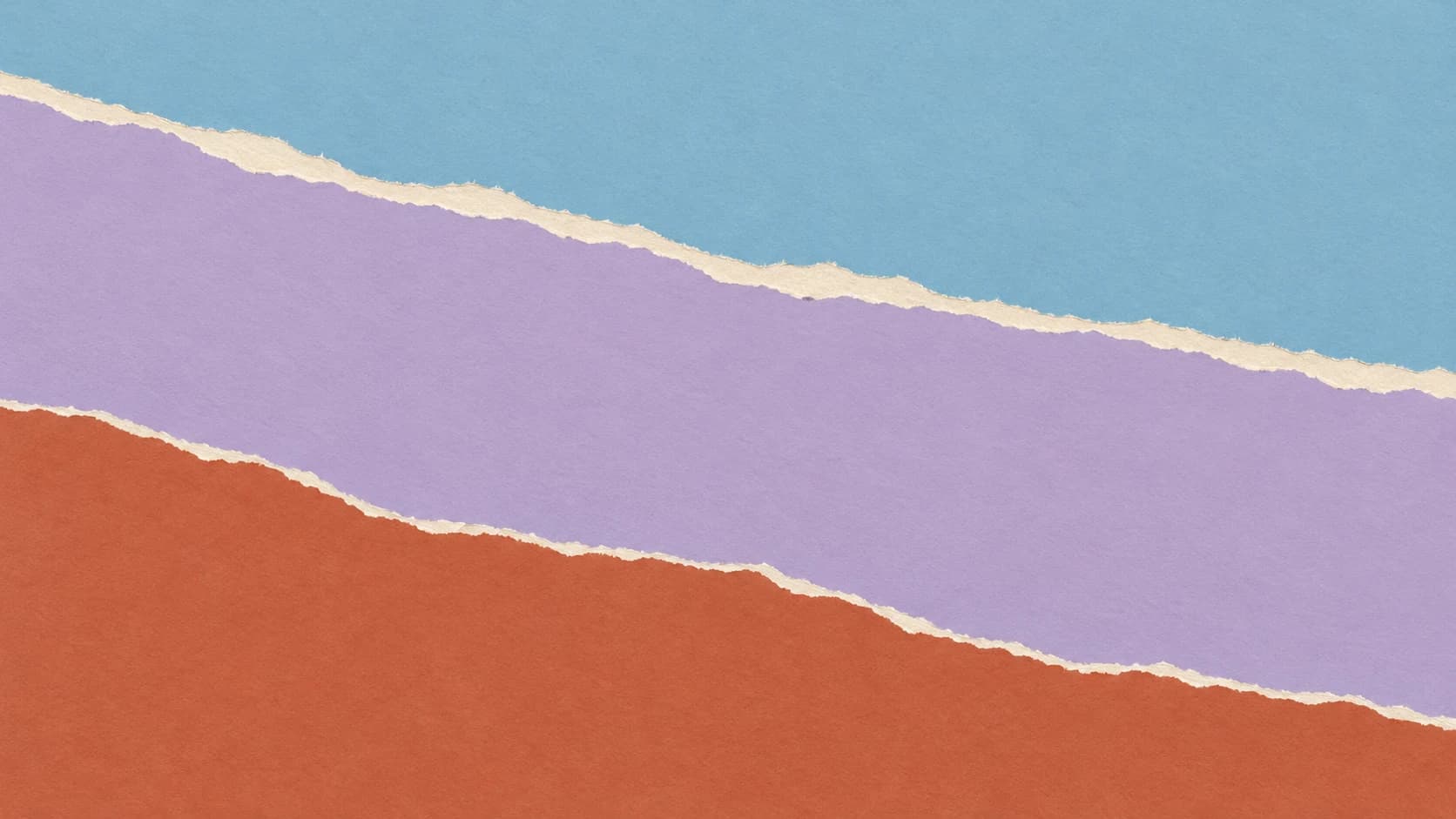 Broad blue, lavender and terracotta paper fields meet along descending, naturally torn edges with narrow ivory seams.