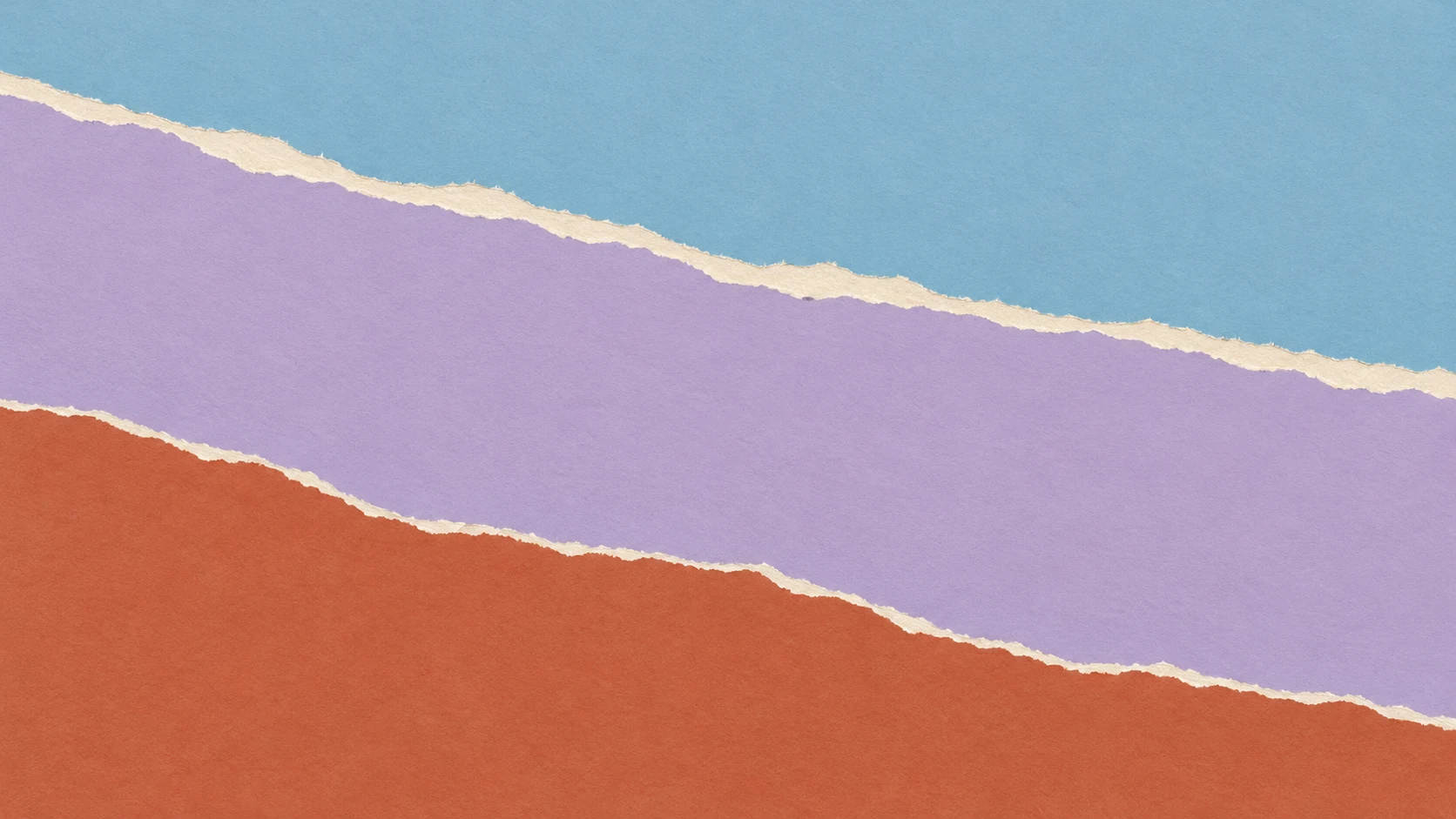 Broad blue, lavender and terracotta paper fields meet along descending, naturally torn edges with narrow ivory seams.