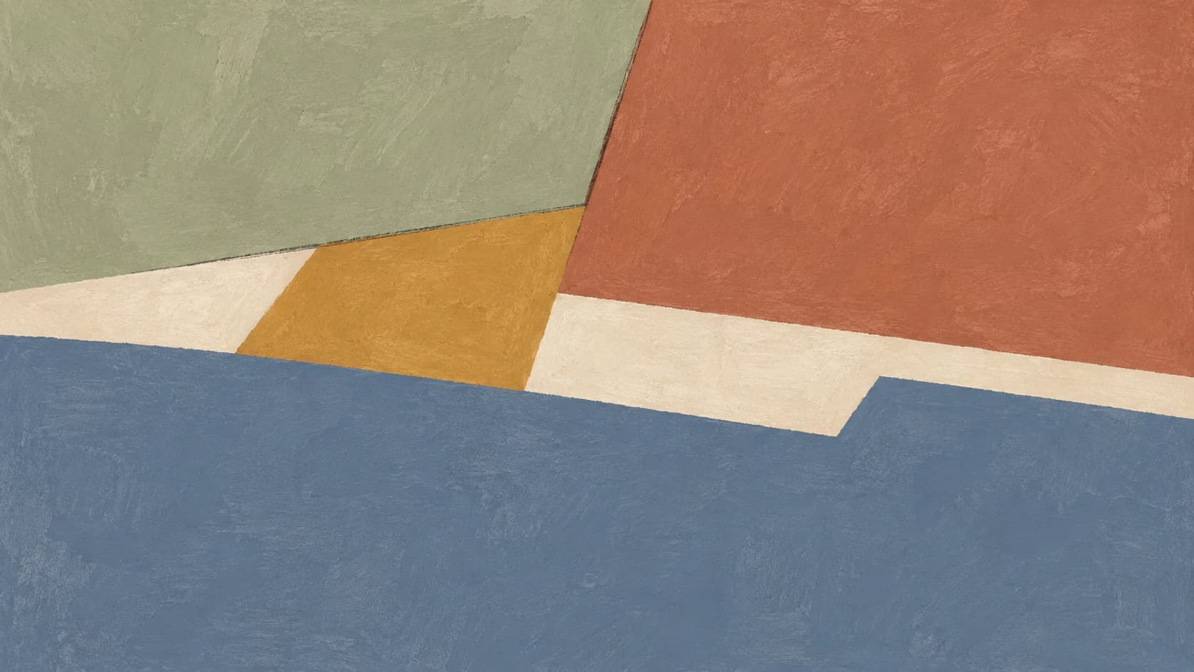 Broad slate, sage and terracotta planes meet around an ochre piece fitted into an ivory gap.