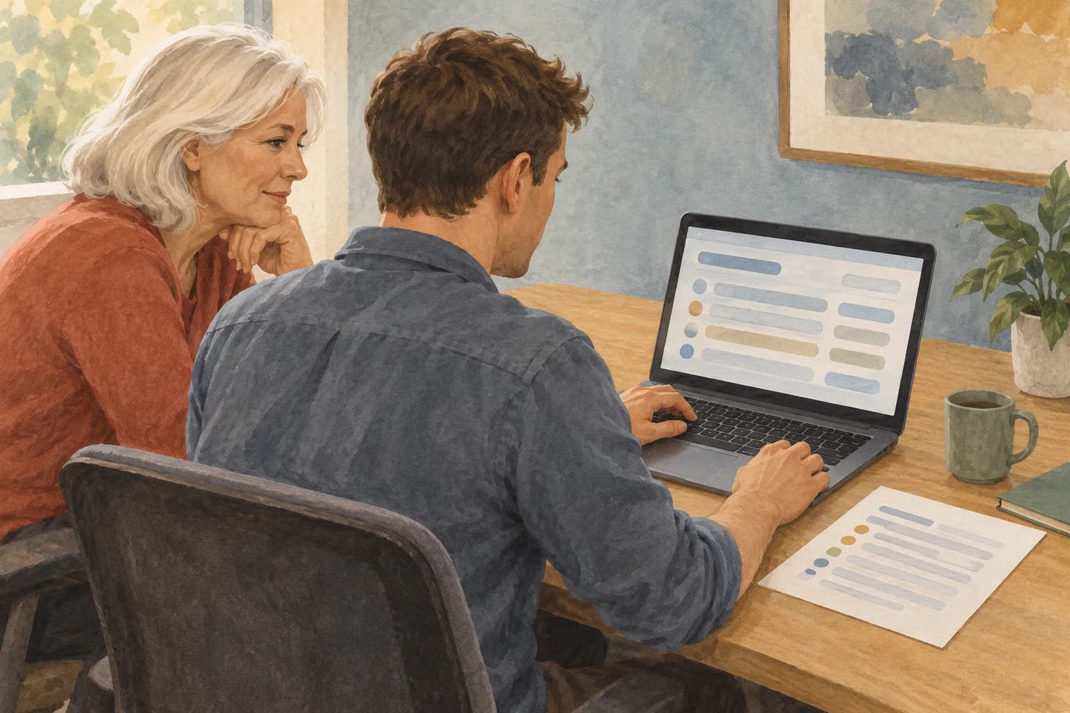 A freight customer-service lead operates a laptop while a trainer beside them observes, with the screen and sample worksheet facing the lead.