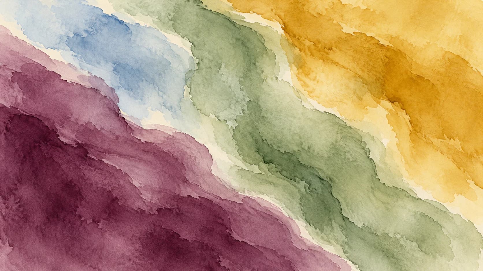 Broad plum, sage, ochre and pale-blue watercolor washes meet diagonally across ivory paper.