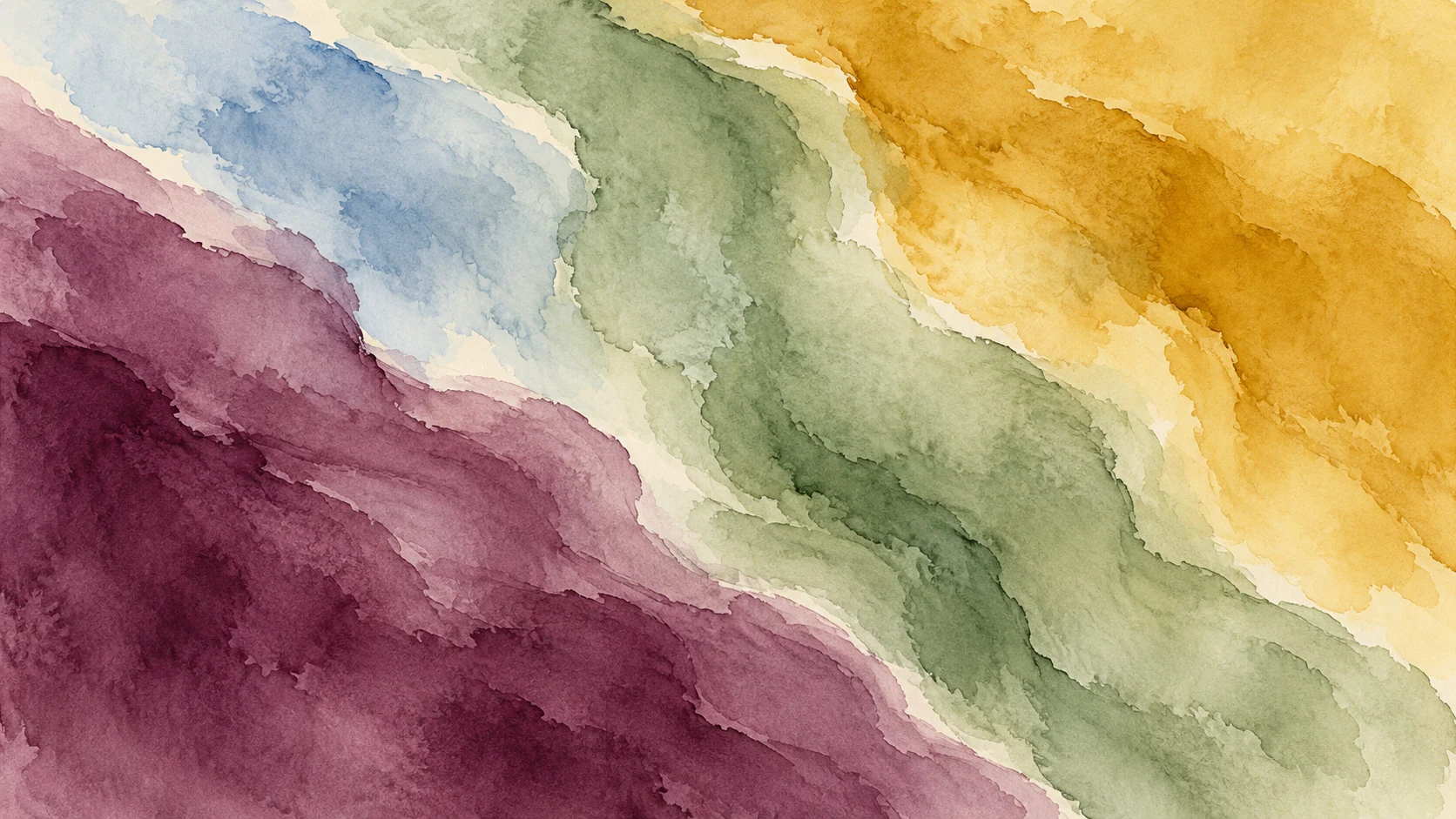 Broad plum, sage, ochre and pale-blue watercolor washes meet diagonally across ivory paper.