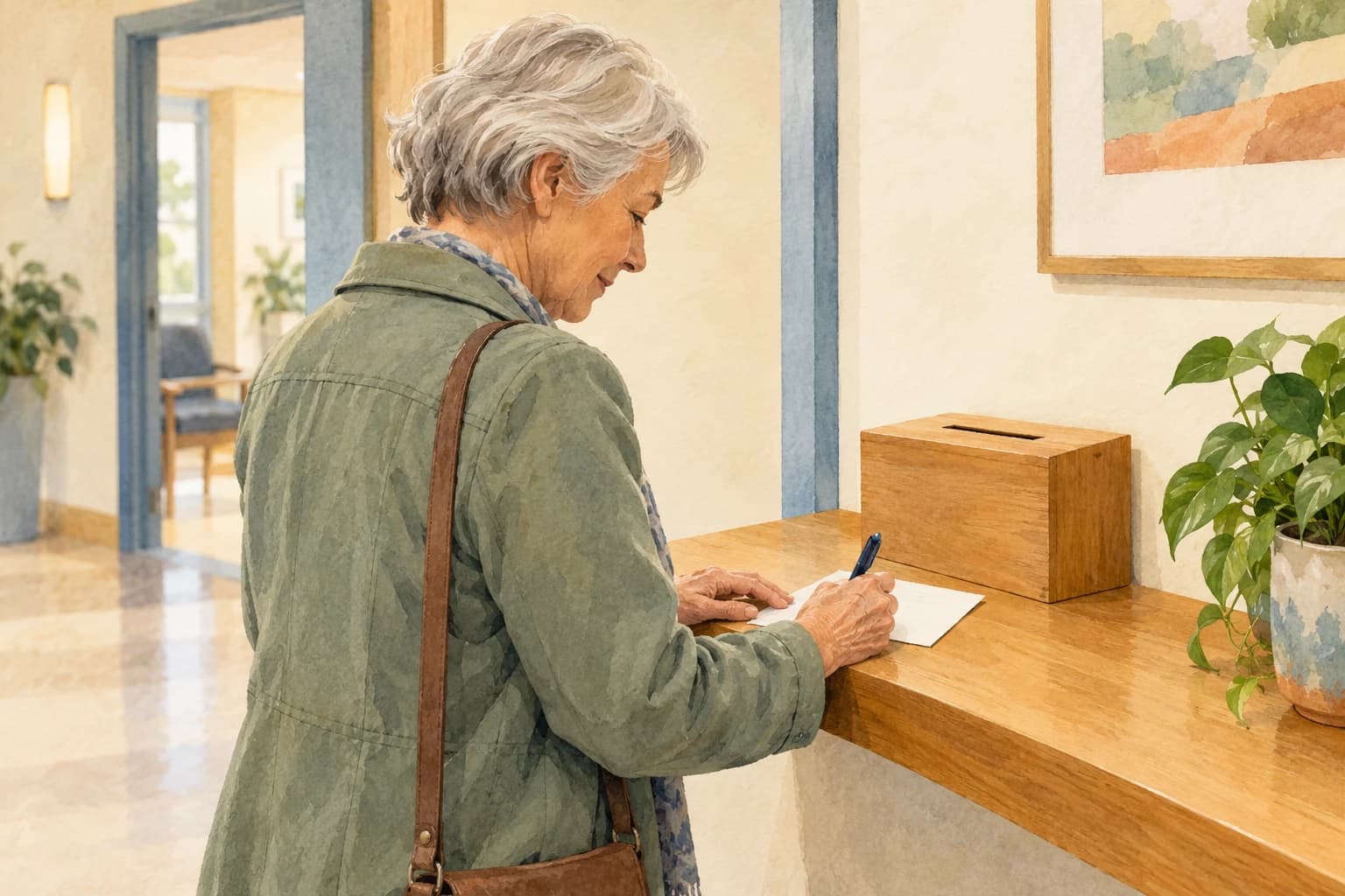 An older patient privately completes a feedback card on a clinic exit shelf beside a plain collection box, with the card facing them.