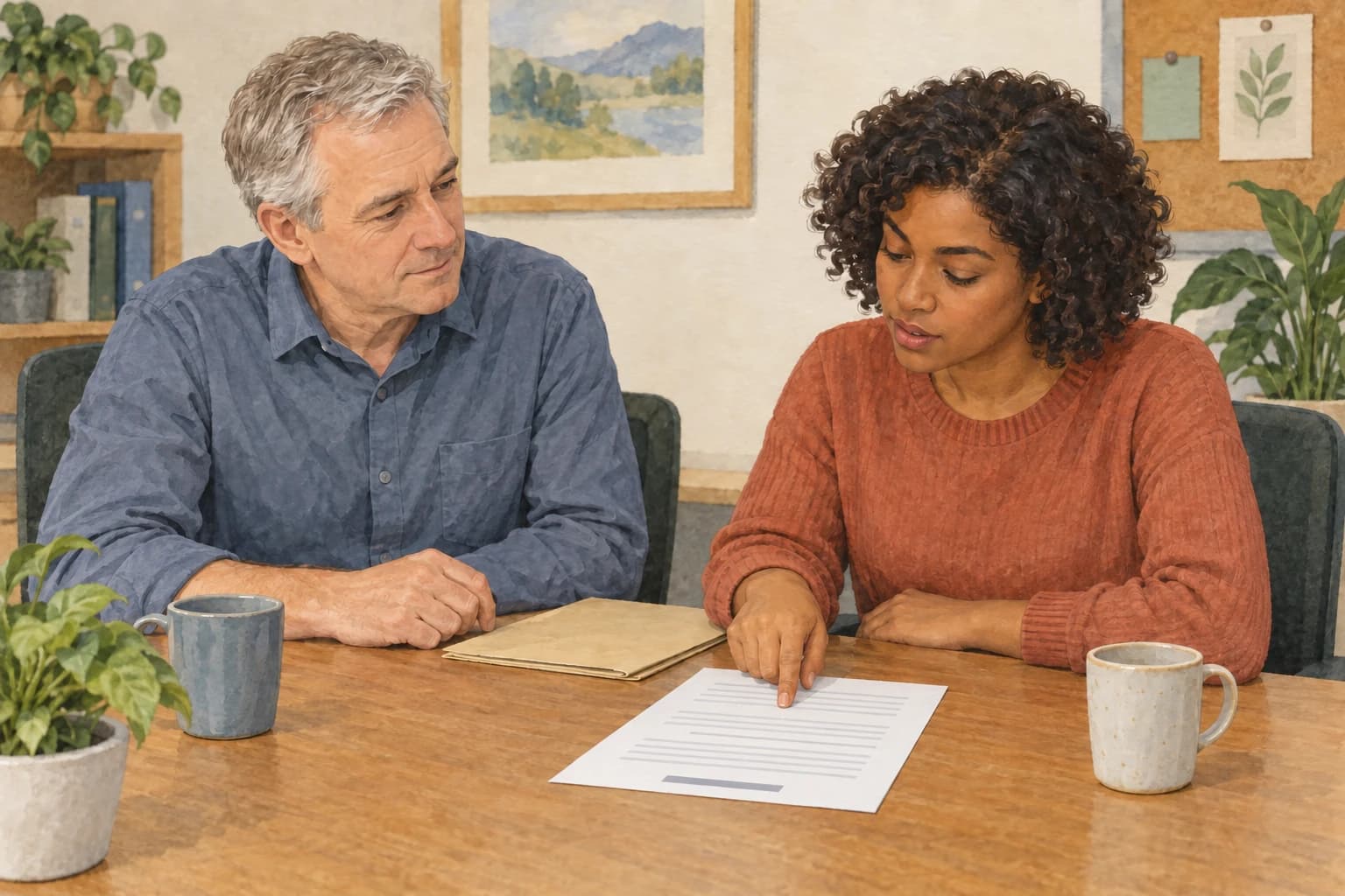 A customer service adviser points to the complaint note facing her while her manager listens across the table.