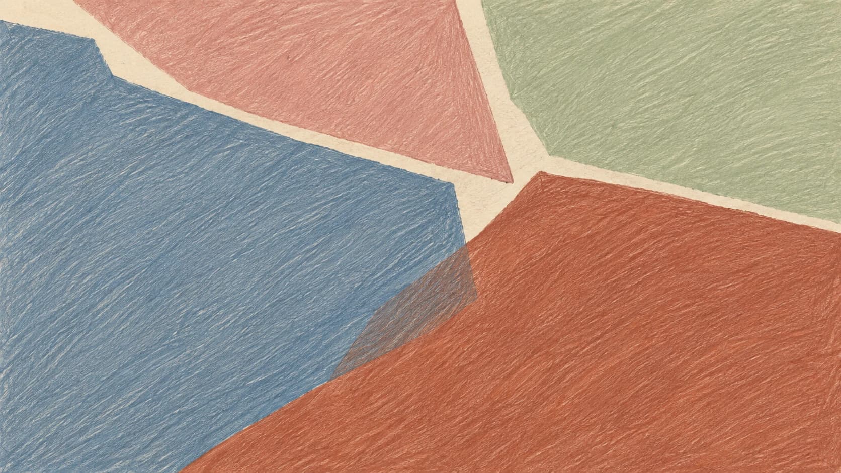Broad irregular slate, terracotta, sage and rose pencil fields meet at one limited overlap and leave a narrow cream boundary.