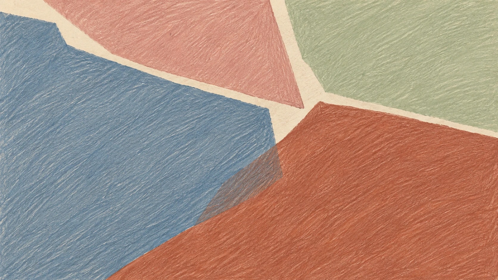 Broad irregular slate, terracotta, sage and rose pencil fields meet at one limited overlap and leave a narrow cream boundary.