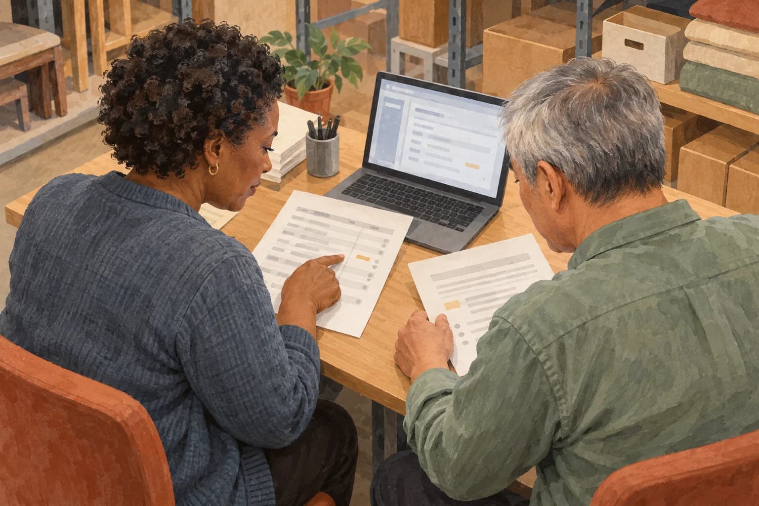 Two retail operations colleagues sit beside each other, comparing a shipment record and an internal draft on pages facing them.