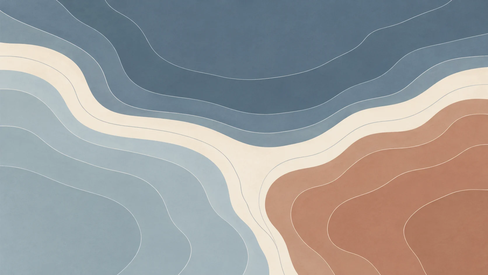 Broad slate, blue-grey and clay contour regions meet along an irregular ivory boundary.