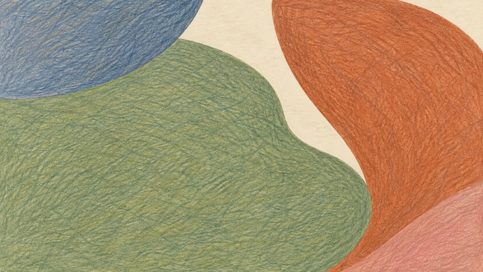 Broad sage, slate-blue and terracotta pencil fields meet at separate curved edges across opaque warm paper.
