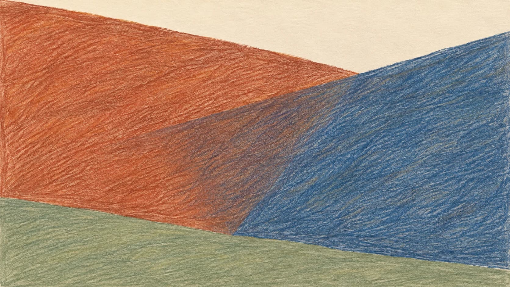 Two broad terracotta and slate-blue pencil fields overlap above a sage lower edge on warm ivory paper.