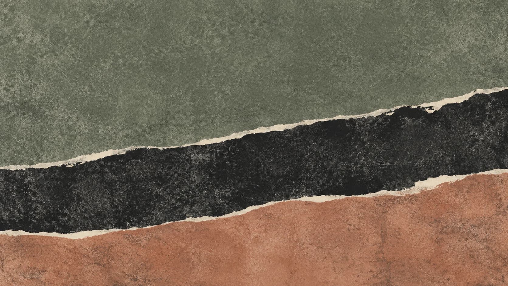 A broad uneven charcoal pigment shoal separates gray-green and muted clay fields with narrow ivory seams.