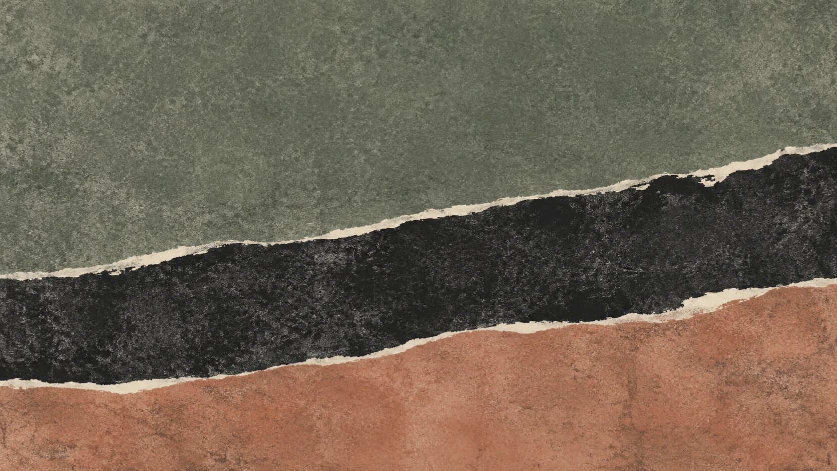 A broad uneven charcoal pigment shoal separates gray-green and muted clay fields with narrow ivory seams.