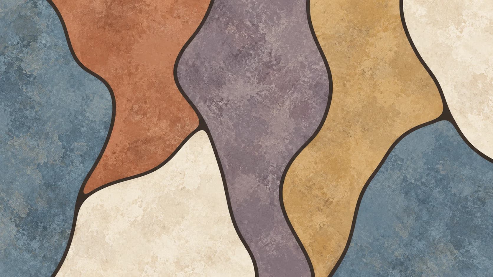 Broad blue, terracotta, mauve and honey mosaic cells meet along offset charcoal boundaries.