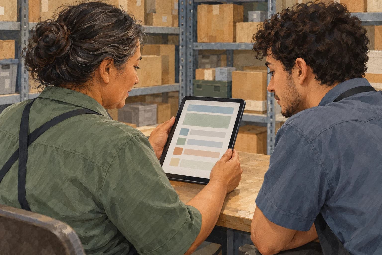 Two retail colleagues sit side by side in a stockroom and examine a tablet facing them.