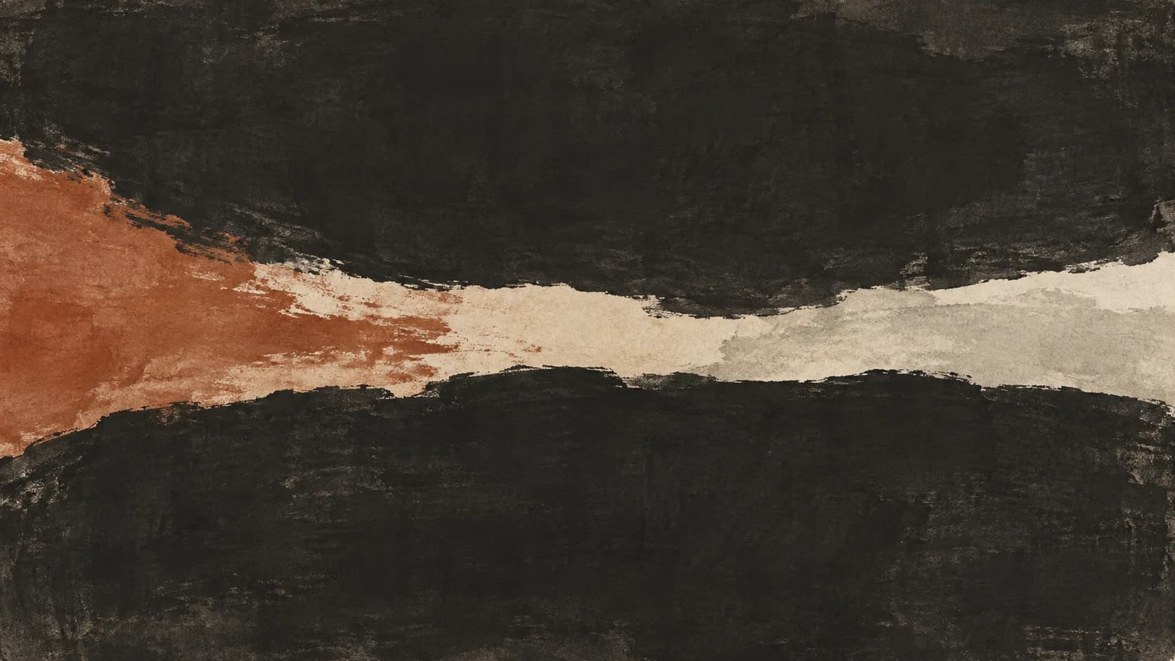 Broad charcoal ink impressions meet a narrow irregular pale seam with restrained warm clay pigment.