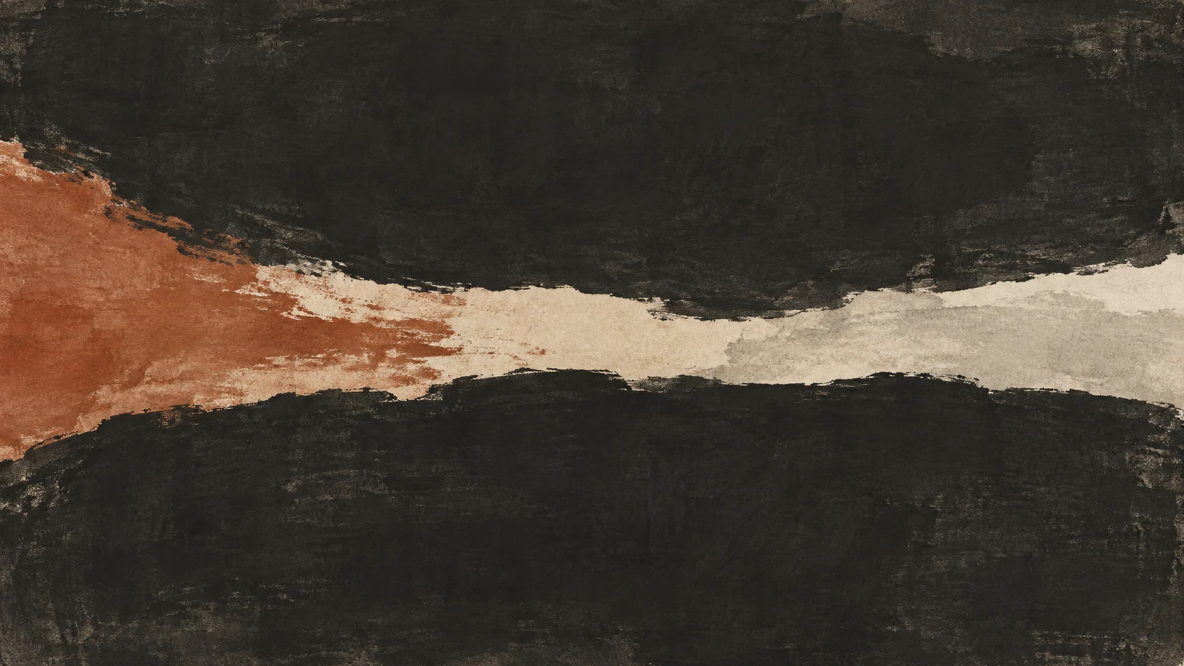 Broad charcoal ink impressions meet a narrow irregular pale seam with restrained warm clay pigment.