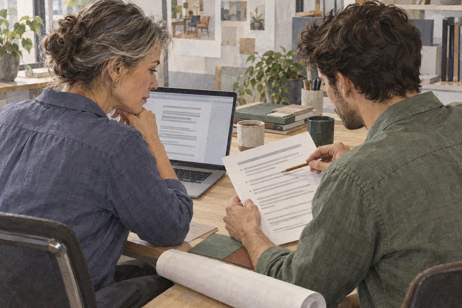 An architecture principal and a project architect compare a client brief with a laptop summary at a shared worktable, with both documents facing them.