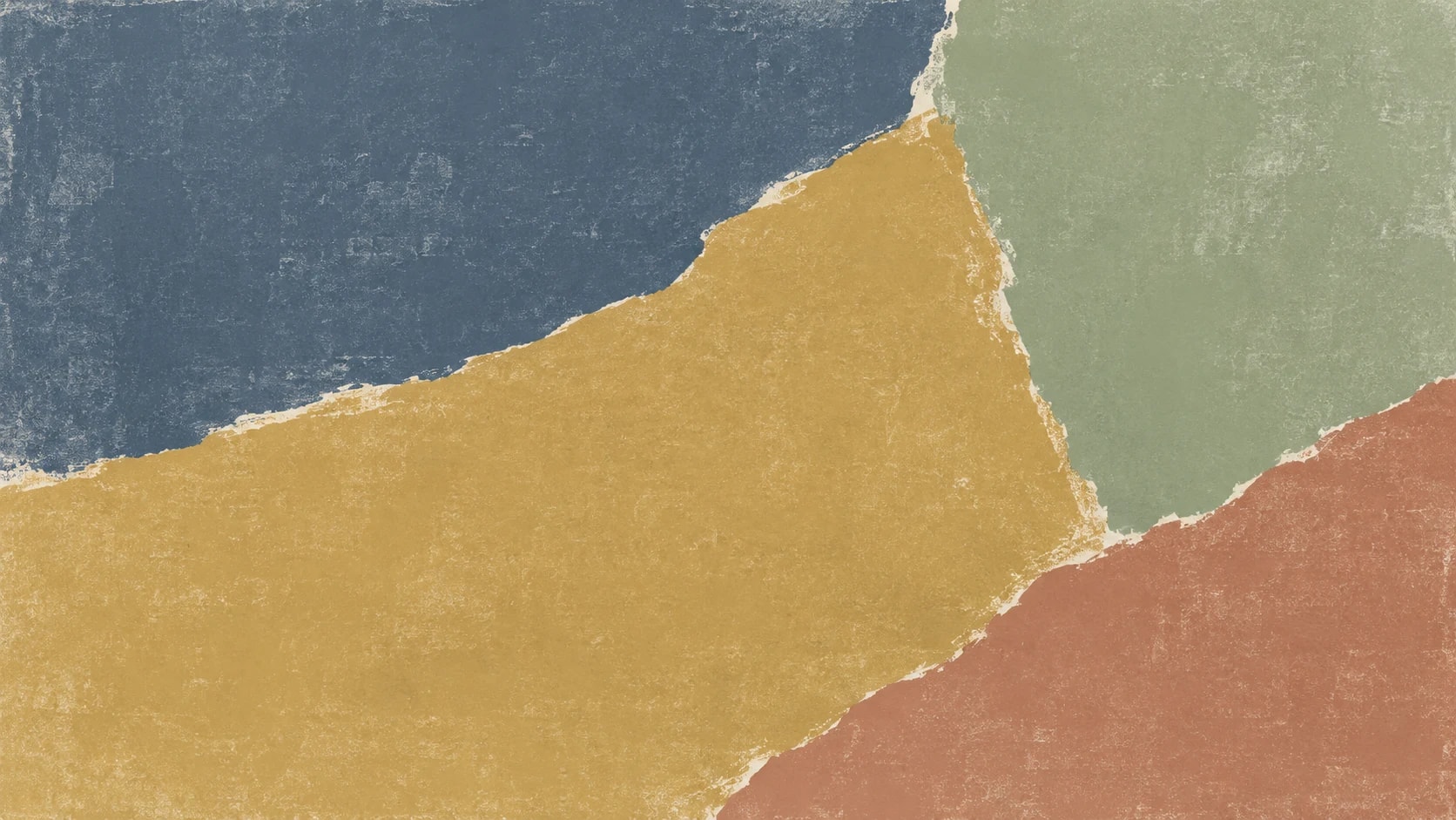 Broad slate, ochre, sage and terracotta print impressions meet along long, uneven diagonal edges.