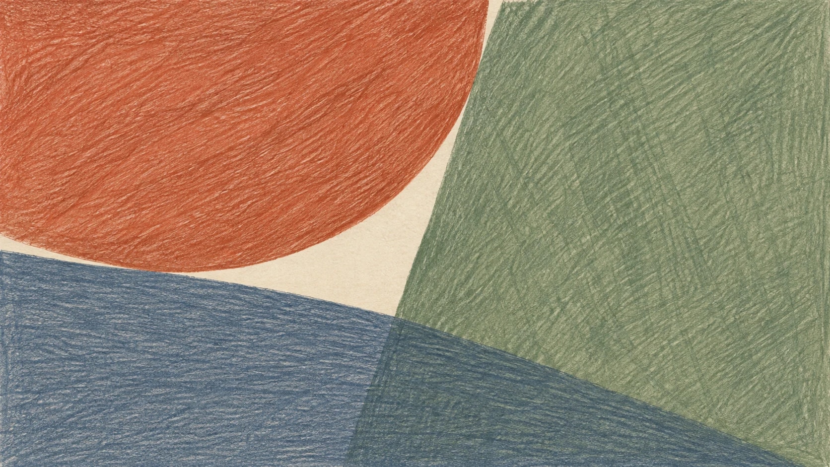 A broad terracotta pencil field enters from the upper left, a sage upright field fills the right and a low slate-blue field overlaps along the bottom.