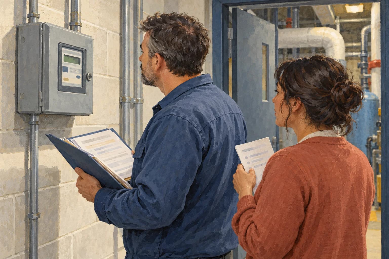 A facilities engineer checks a closed electricity-meter cabinet against a folder of source records while a colleague holds an investigation note.