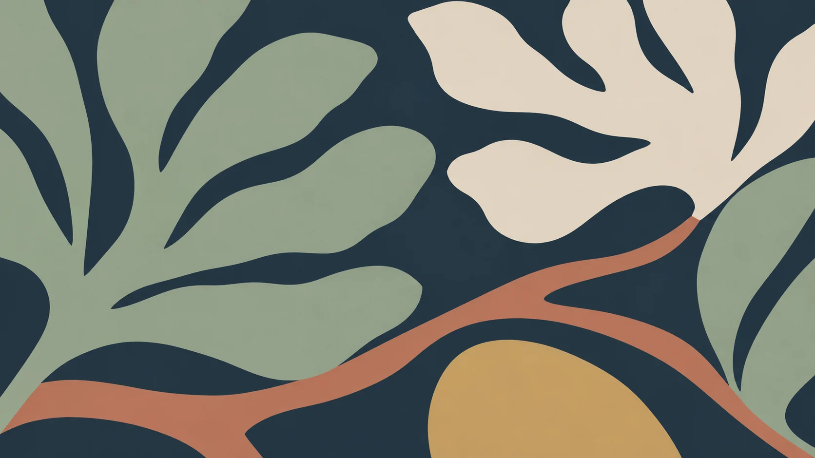 Oversized sage and ivory botanical cutouts meet a low terracotta branch and cropped ochre shape across a navy ground.