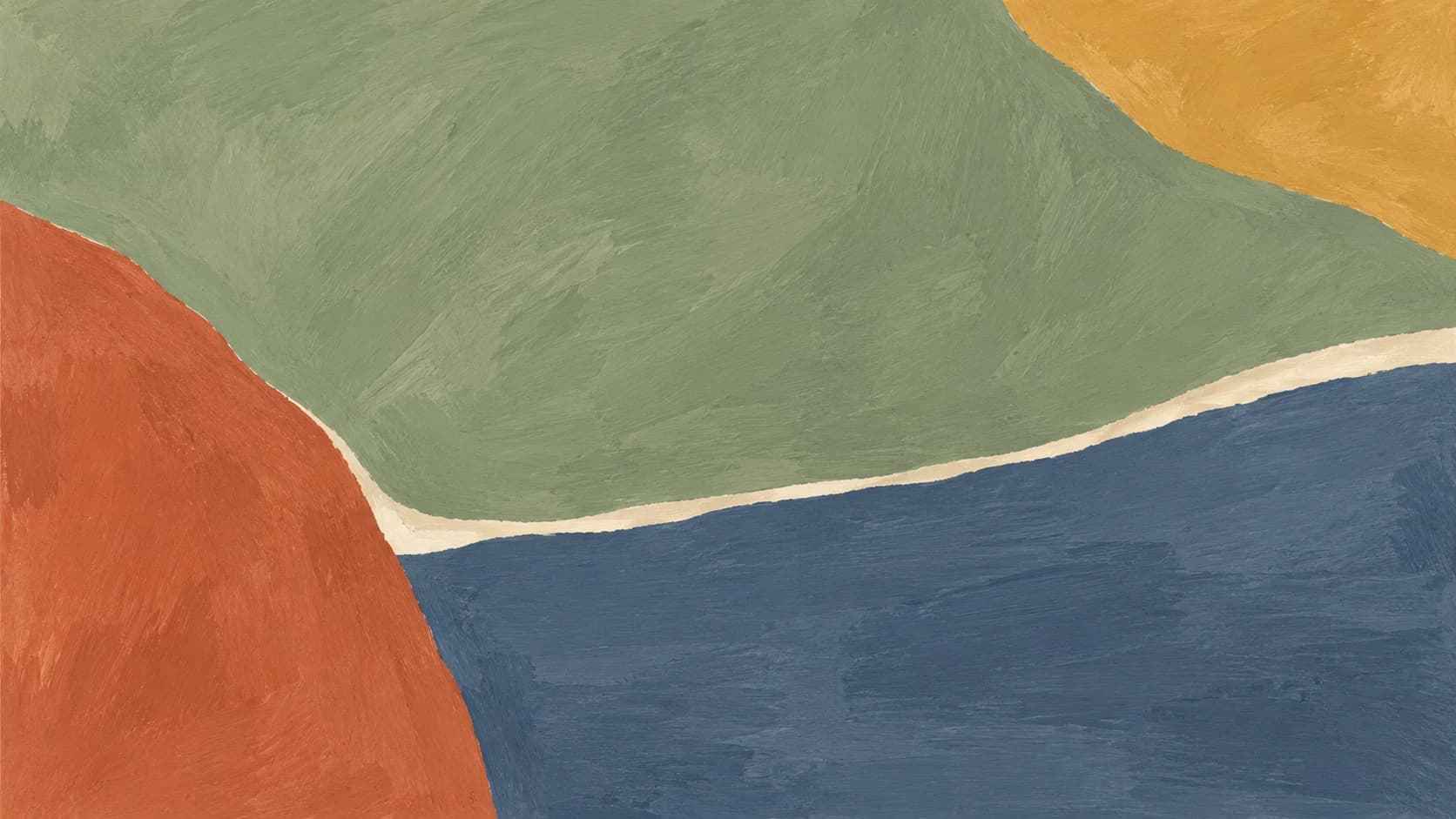 Broad sage gouache fills the upper field above low slate blue, counterweighted by a cropped terracotta form at left and ochre in the upper right.