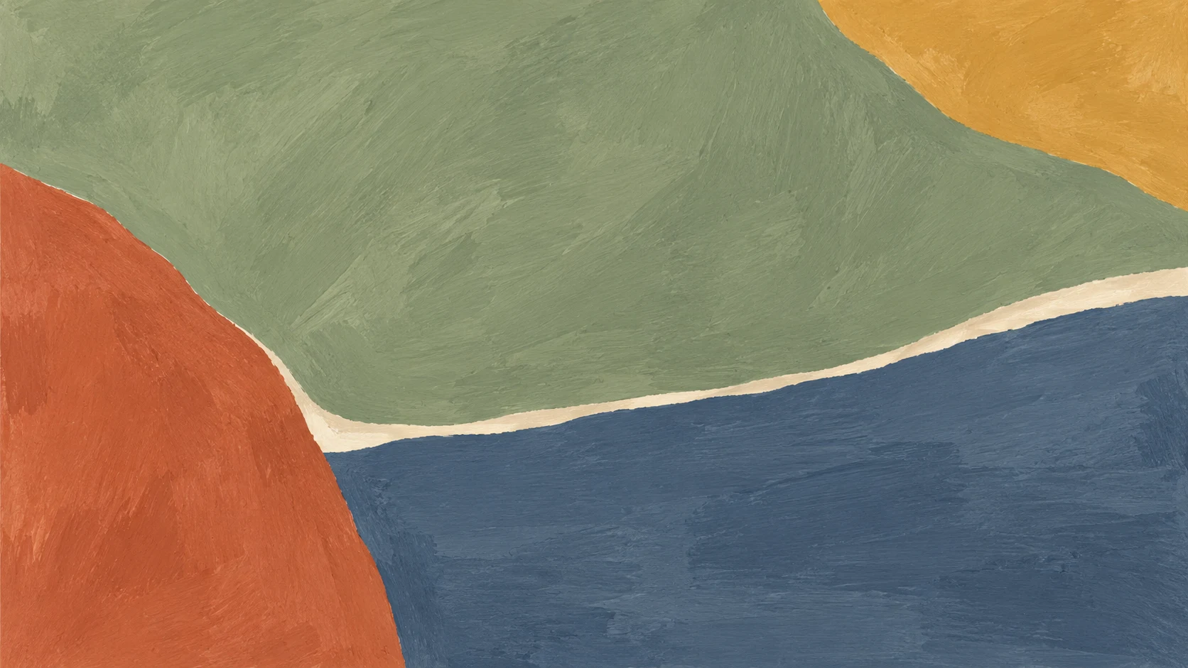 Broad sage gouache fills the upper field above low slate blue, counterweighted by a cropped terracotta form at left and ochre in the upper right.