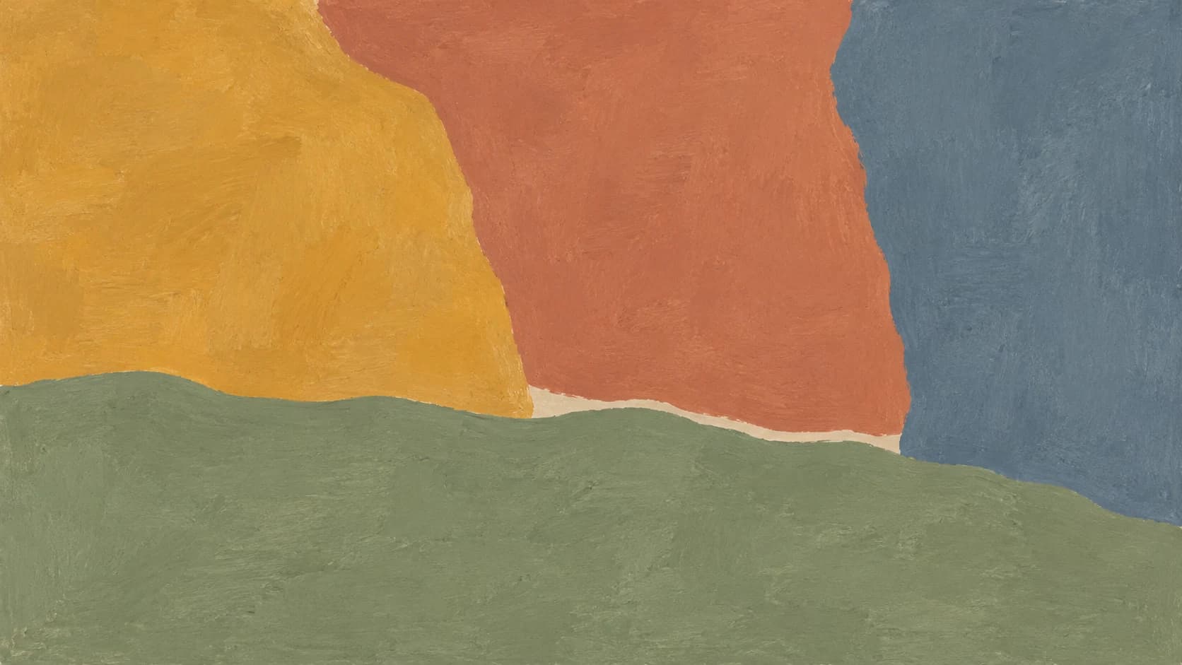 Broad ochre, terracotta and slate blue painted impressions balance above a low uneven sage field.