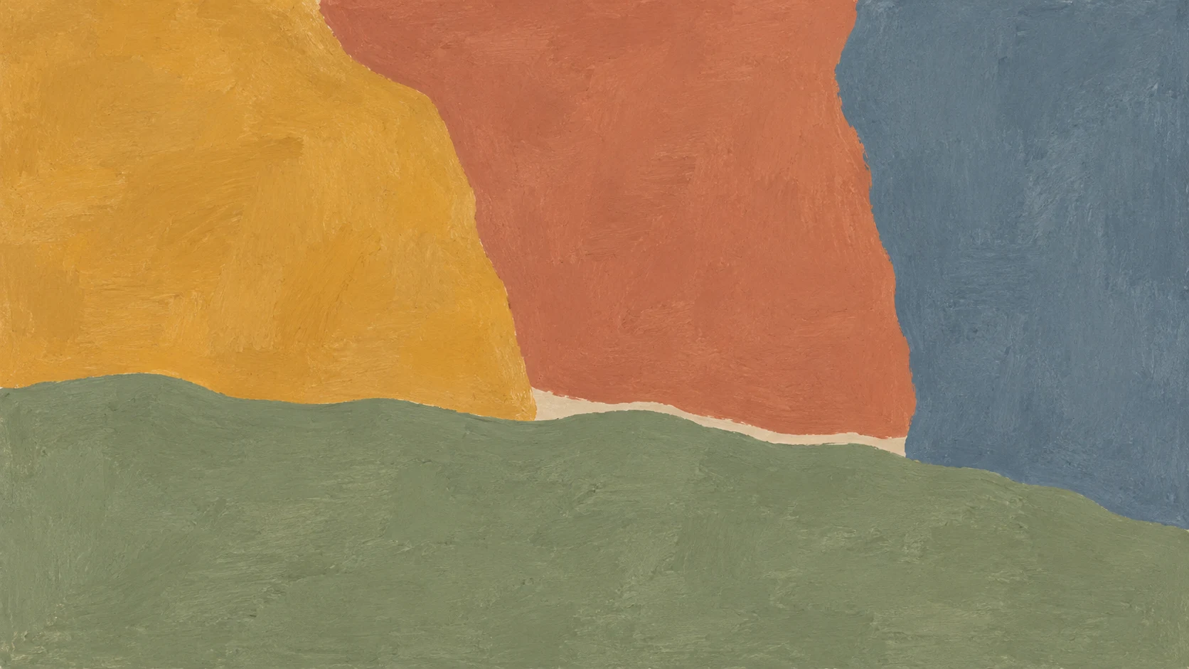 Broad ochre, terracotta and slate blue painted impressions balance above a low uneven sage field.