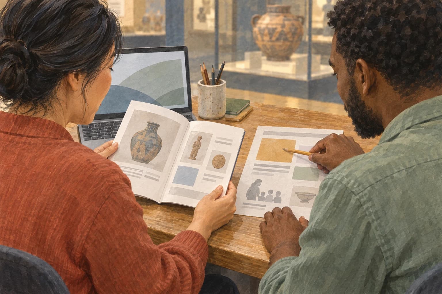 Two museum colleagues compare a visit information sheet with an exhibition booklet, viewed over their shoulders with the pages facing them.