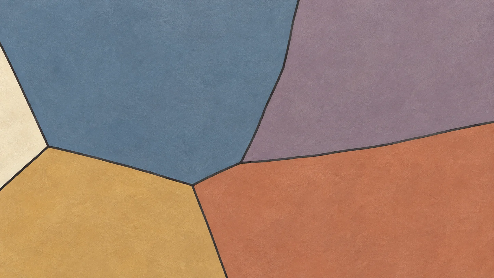 Unequal blue, mauve, terracotta and ochre pigment fields meet along irregular charcoal boundaries.