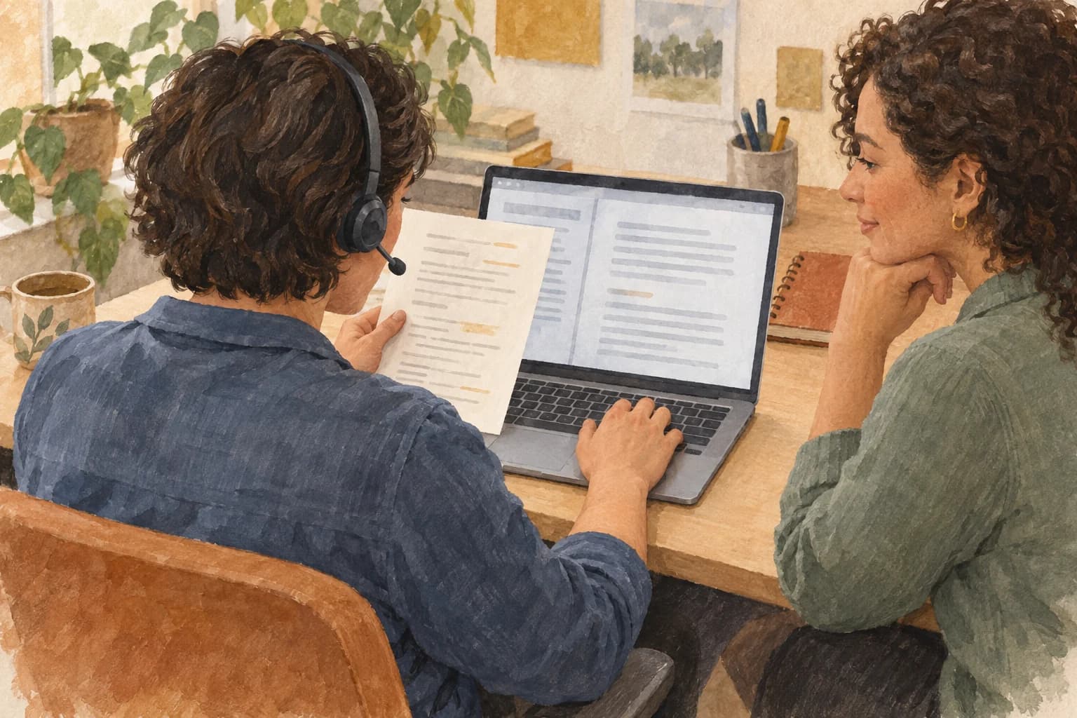 A production editor wearing a headset compares a source page with a laptop draft while a colleague listens beside the desk.