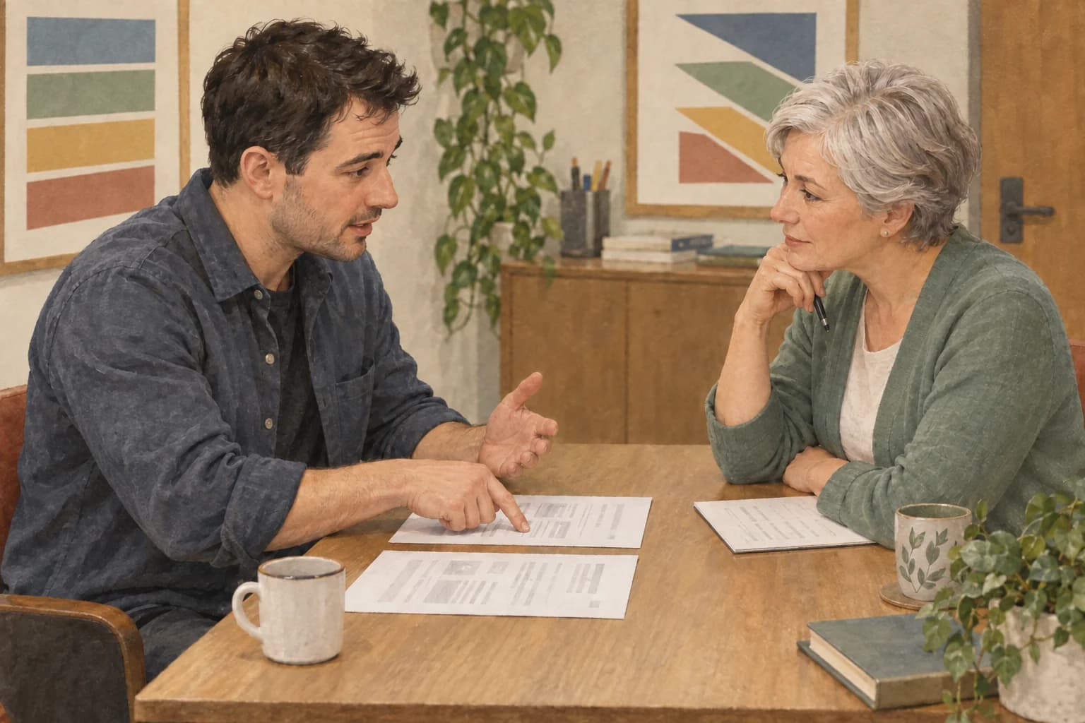 A candidate points to a detail in two supplied pages while an interviewer listens across a small table, with each person's documents facing them.