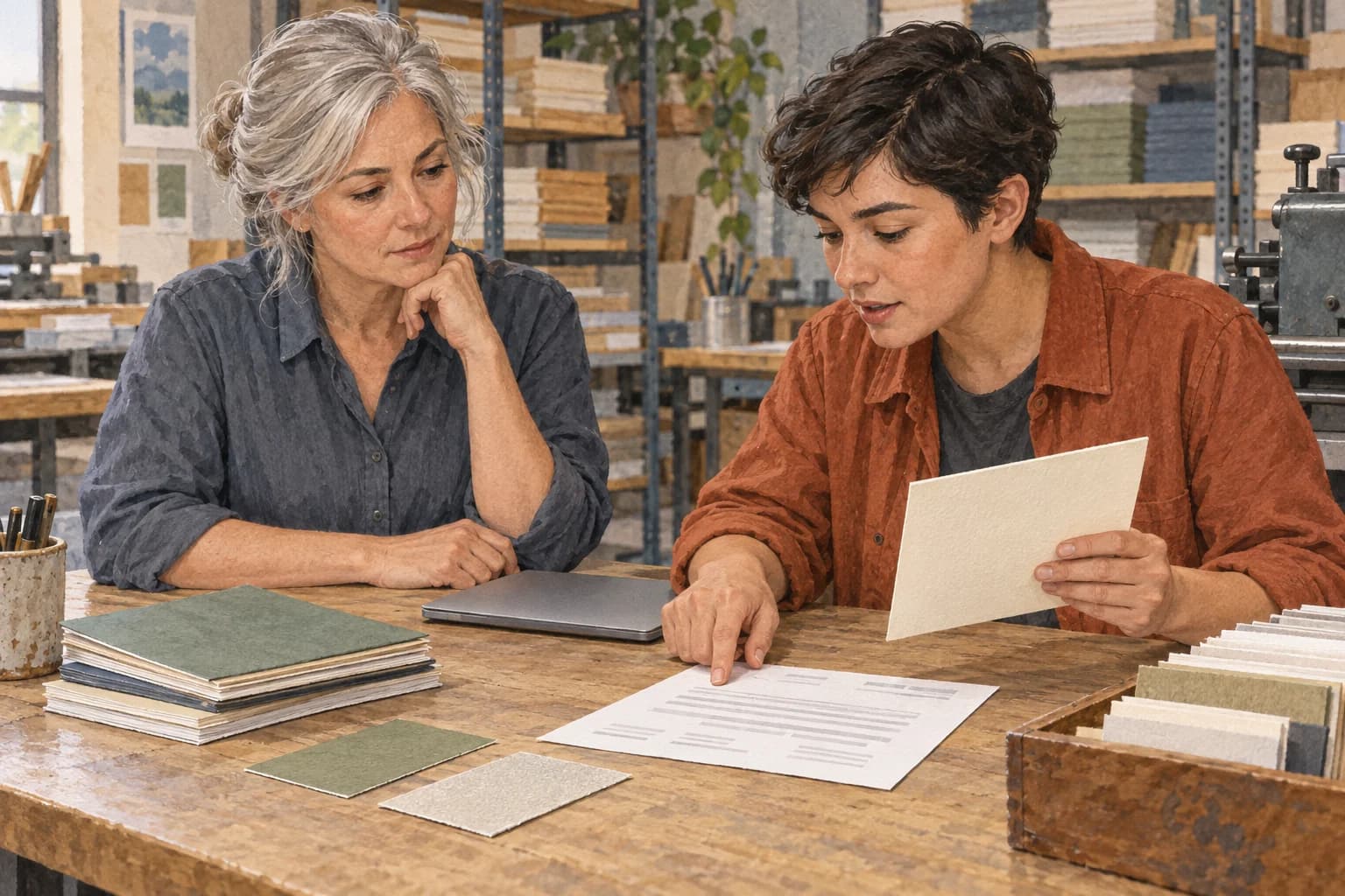 A print-production coordinator compares a paper sample with an order while a colleague observes without taking over.