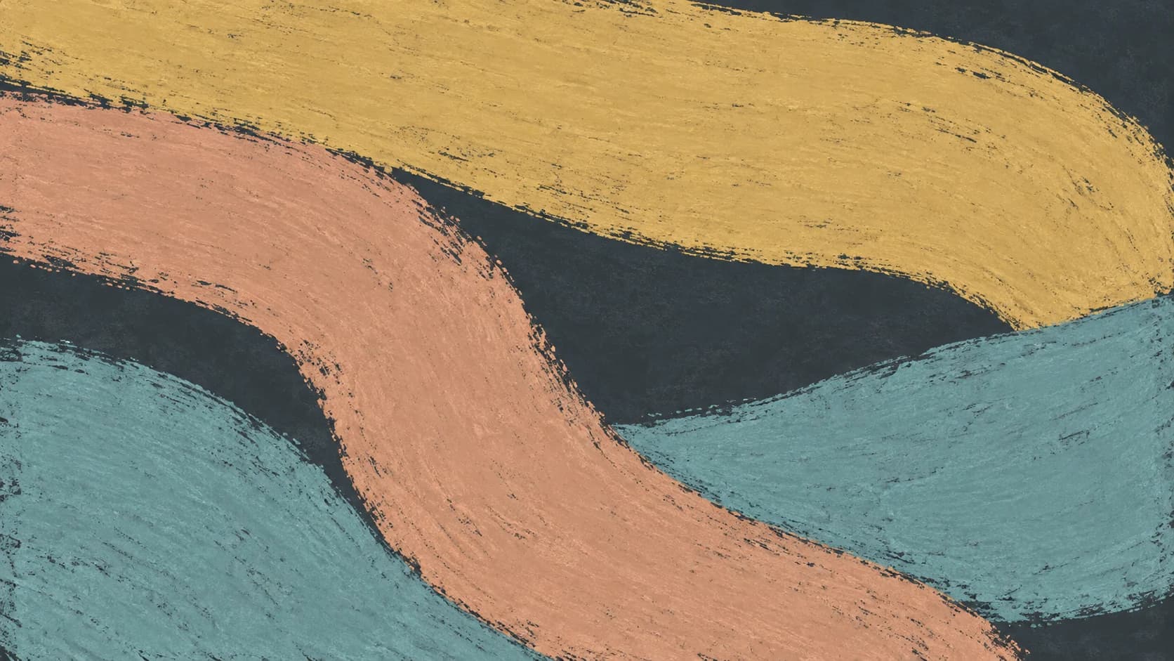 Broad ochre and turquoise chalk sweeps meet a peach revision across dark slate.