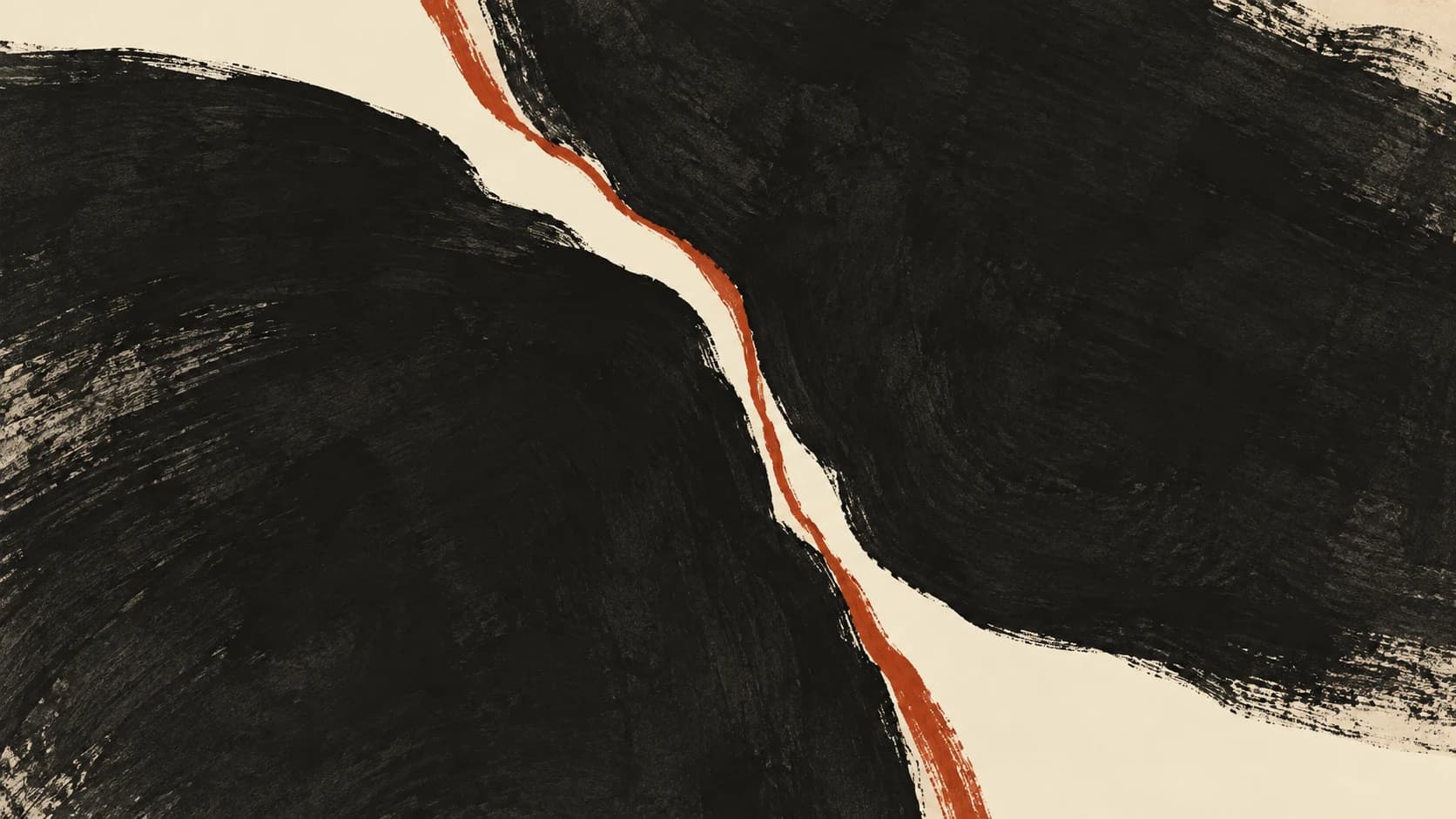 Two broad charcoal ink fields meet along an irregular ivory channel edged with a restrained clay-red line.