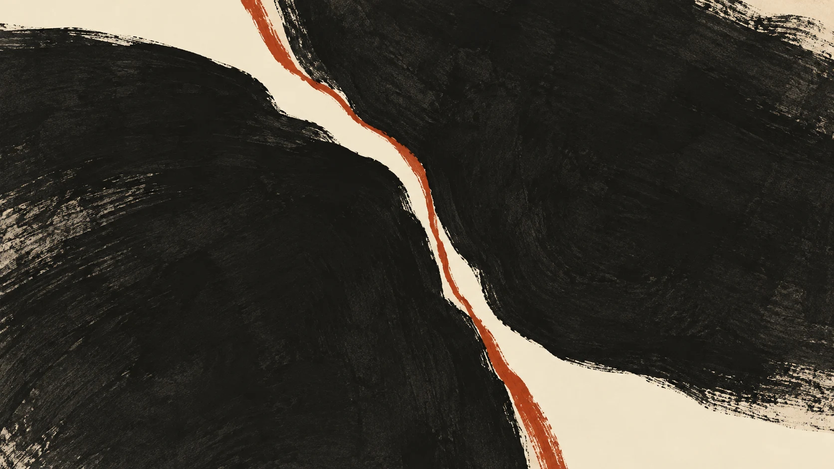 Two broad charcoal ink fields meet along an irregular ivory channel edged with a restrained clay-red line.