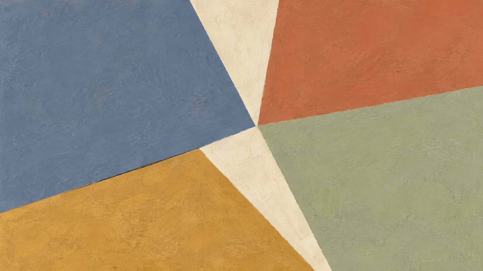 Broad slate, sage, terracotta and ochre angular painted planes meet along open ivory seams.