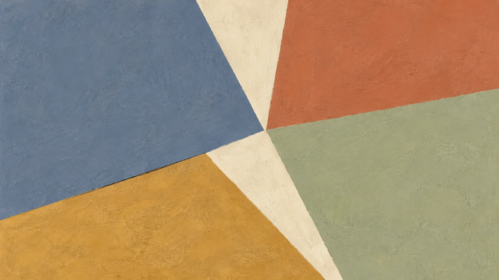 Broad slate, sage, terracotta and ochre angular painted planes meet along open ivory seams.
