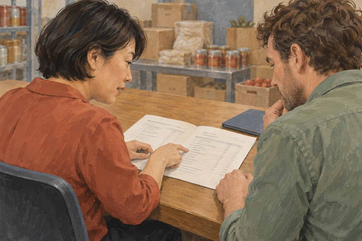 A food manufacturer's procurement manager points to a proposal while the technical owner beside her considers the same pages, which face both workers.