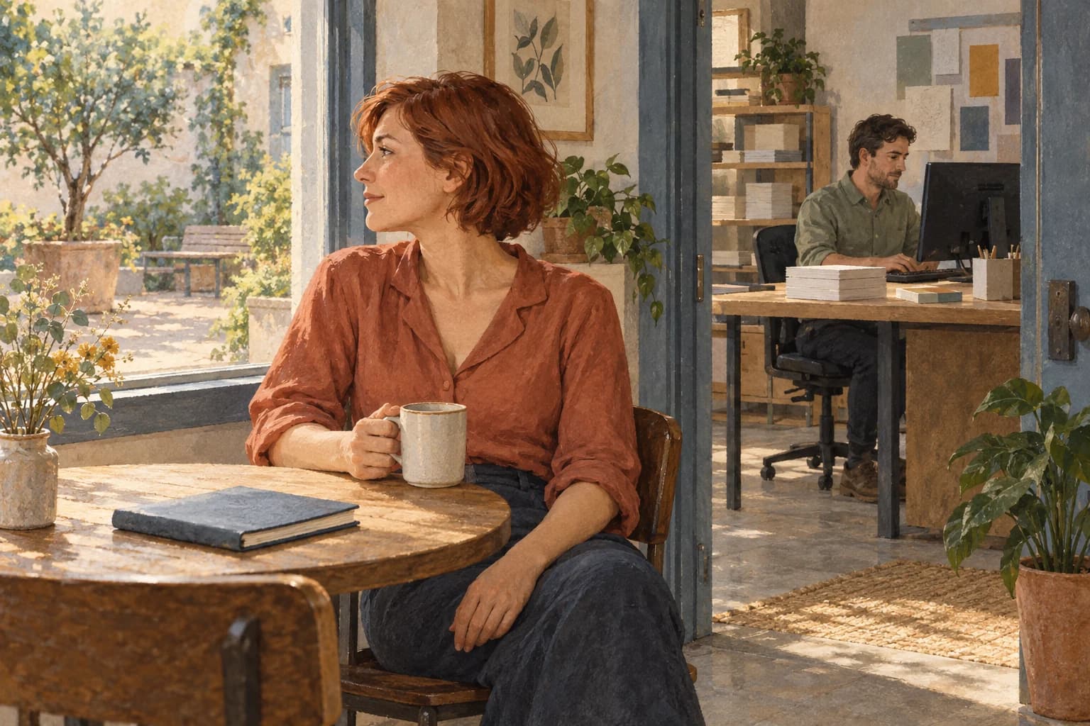 Claire sits by a window with a mug and a closed notebook while Sam attends a separate service desk in the adjoining office, with his computer facing him.