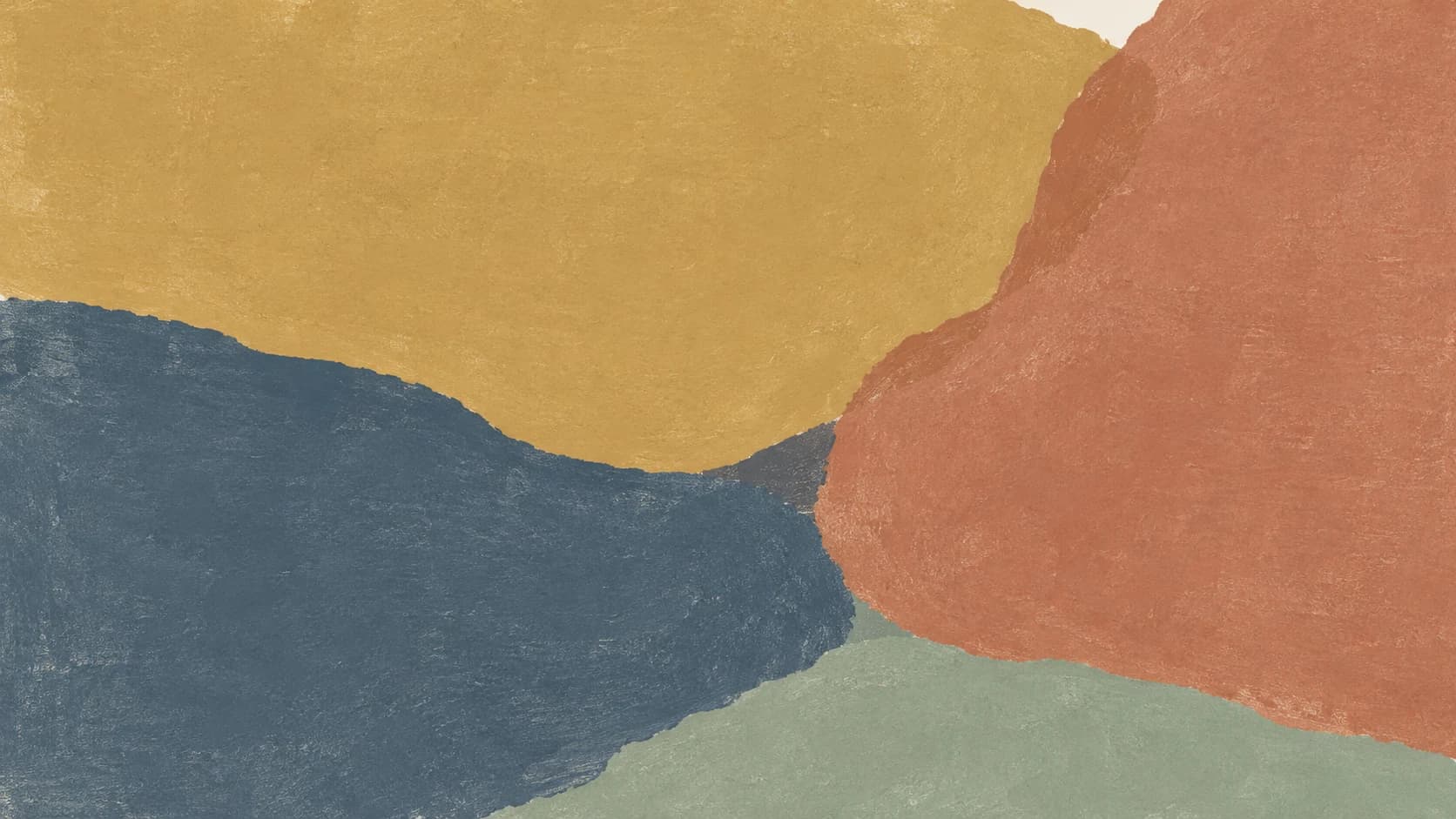 Broad ochre, slate and clay monoprint impressions meet in two offset contact areas, with sage along the lower edge.