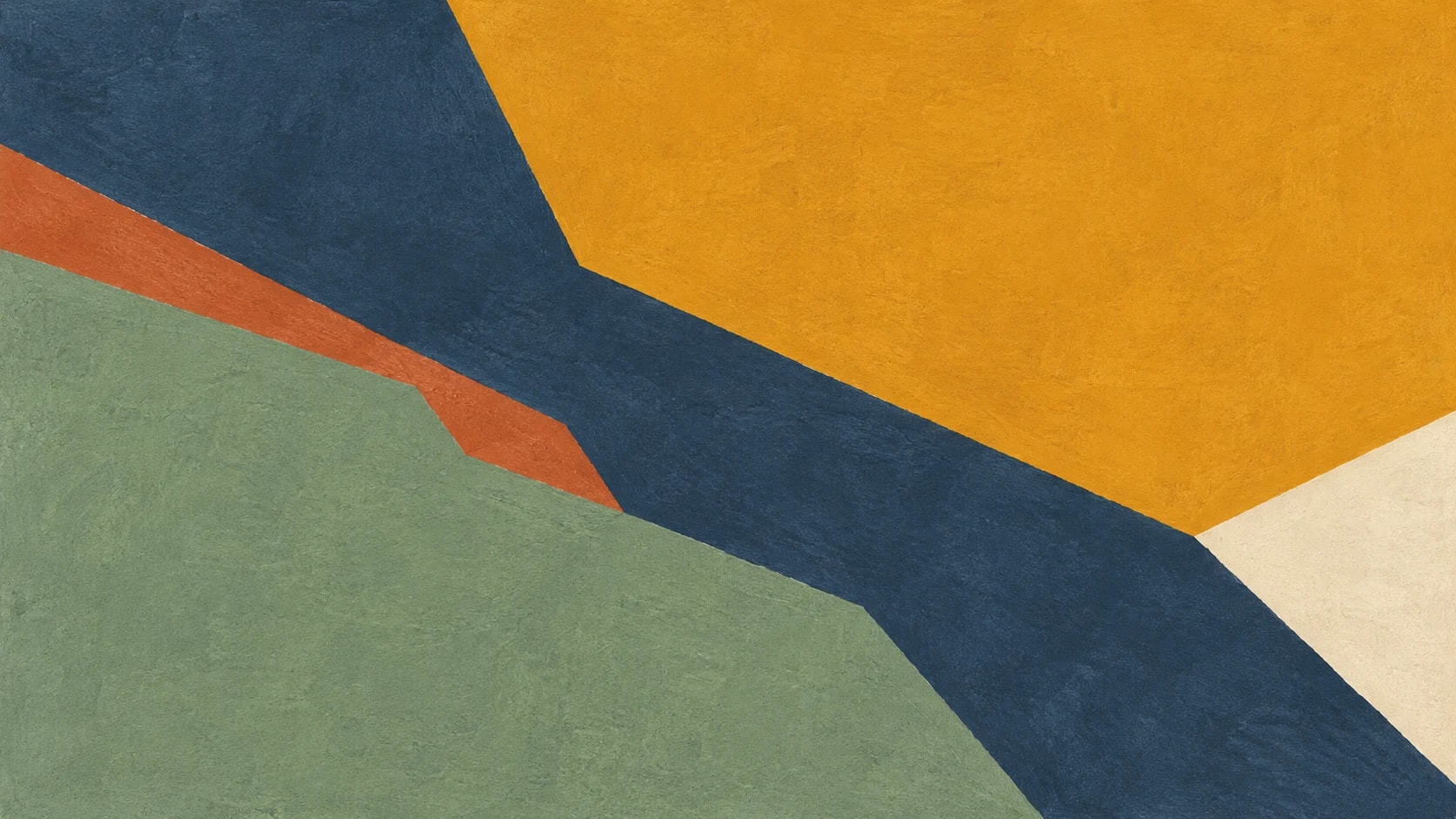 Broad ochre, sage and slate-blue painted planes meet along an off-center terracotta seam and an ivory edge.
