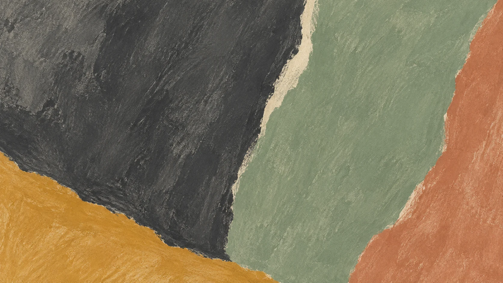 Broad charcoal, sage, ochre and clay pigment fields meet along an uneven painted boundary.