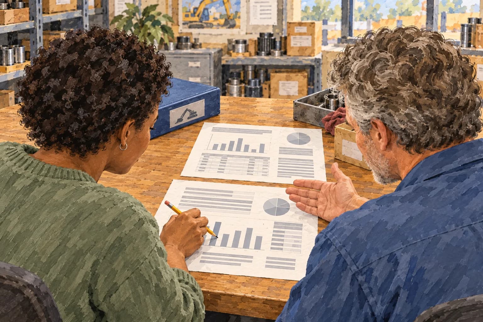 An adoption lead and service-desk adviser in an equipment-parts office review a reporting proposal on papers facing them.