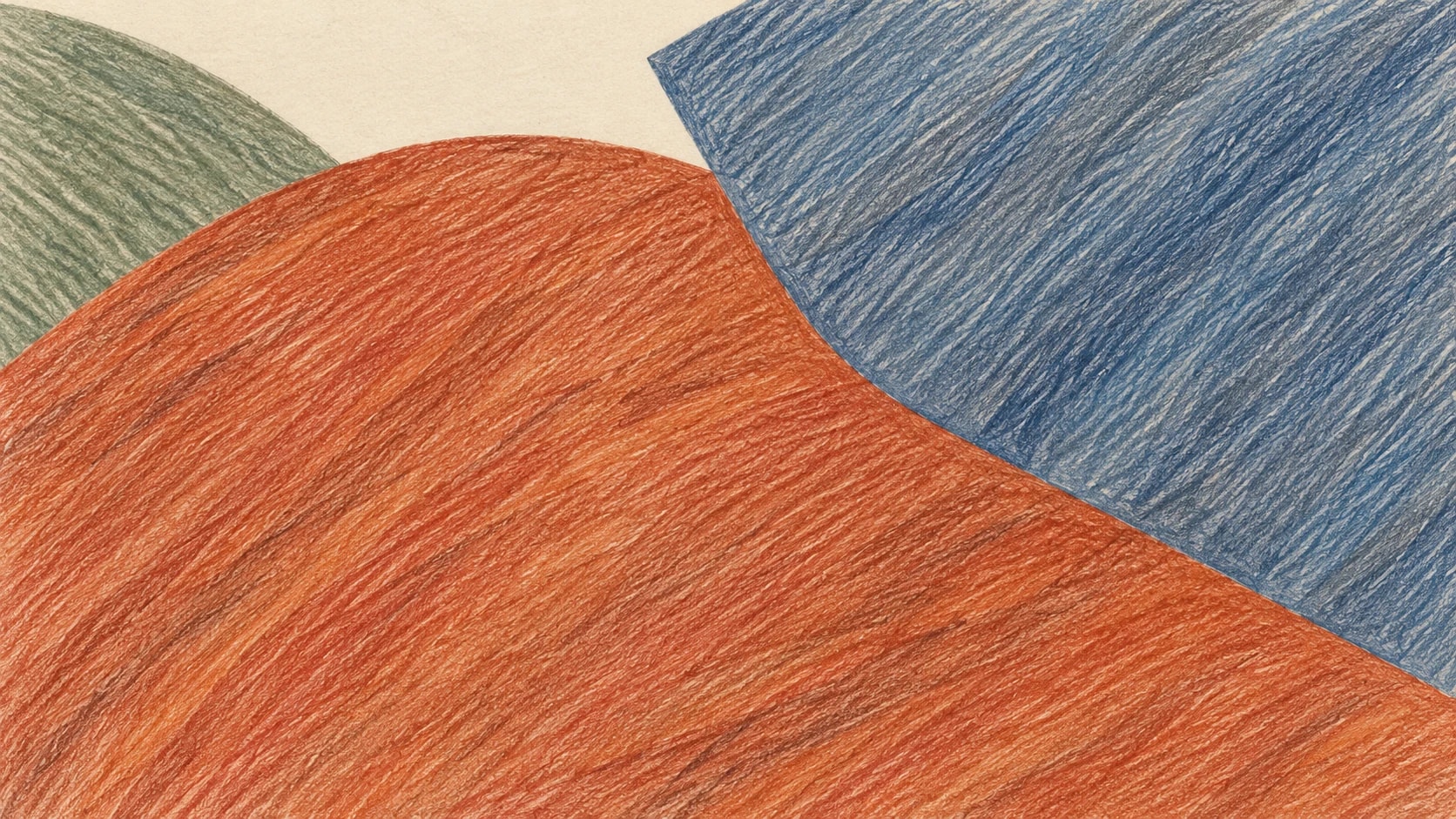 Broad terracotta and slate-blue colored-pencil fields overlap across warm ivory paper, with a sage edge beneath the terracotta.