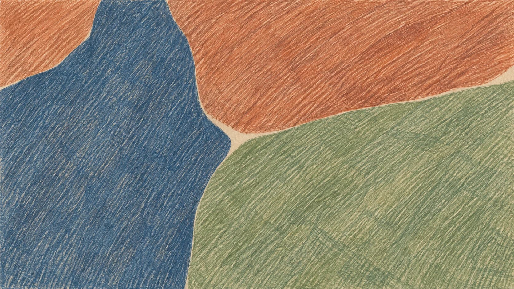 Broad slate-blue, terracotta and sage colored-pencil fields meet across warm ivory paper.